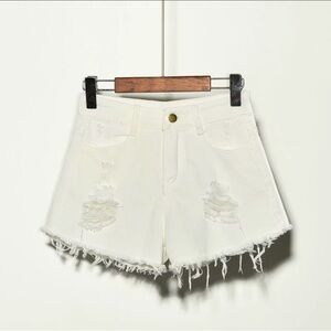 Stylish Women's Distressed Denim Shorts -, White